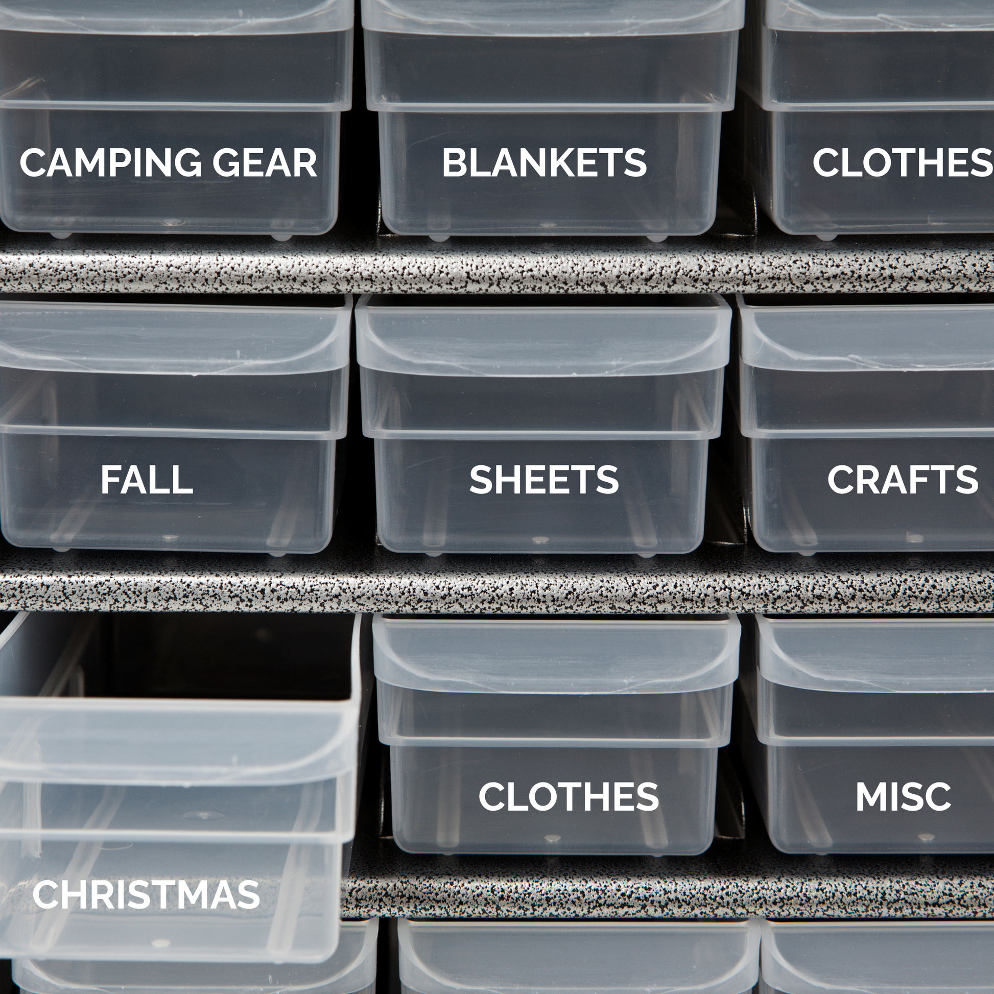 White vinyl storage label on clear pantry bin- modern minimal font