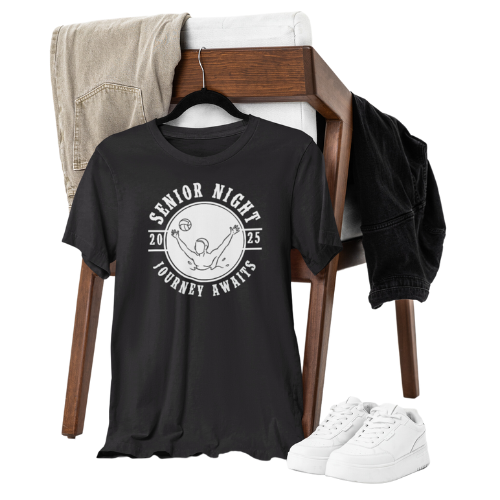 Custom water polo senior night tee for high school senior players with personalized name and jersey number, perfect for celebrating senior year assembly. Gift a player or the entire team!