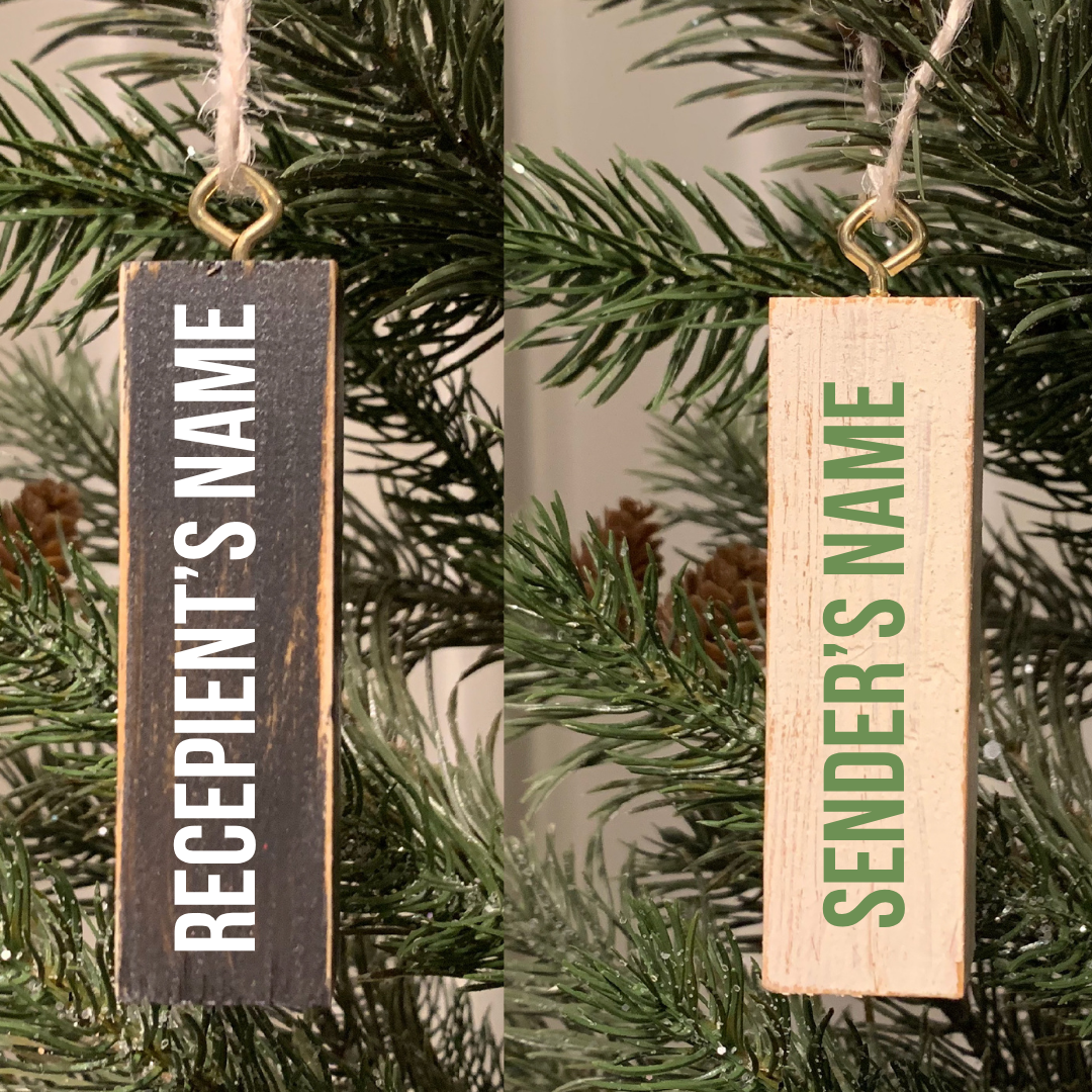 personalized wooden block ornament in red, white, blue, green, stained, and natural, personalized with recipient and sender names