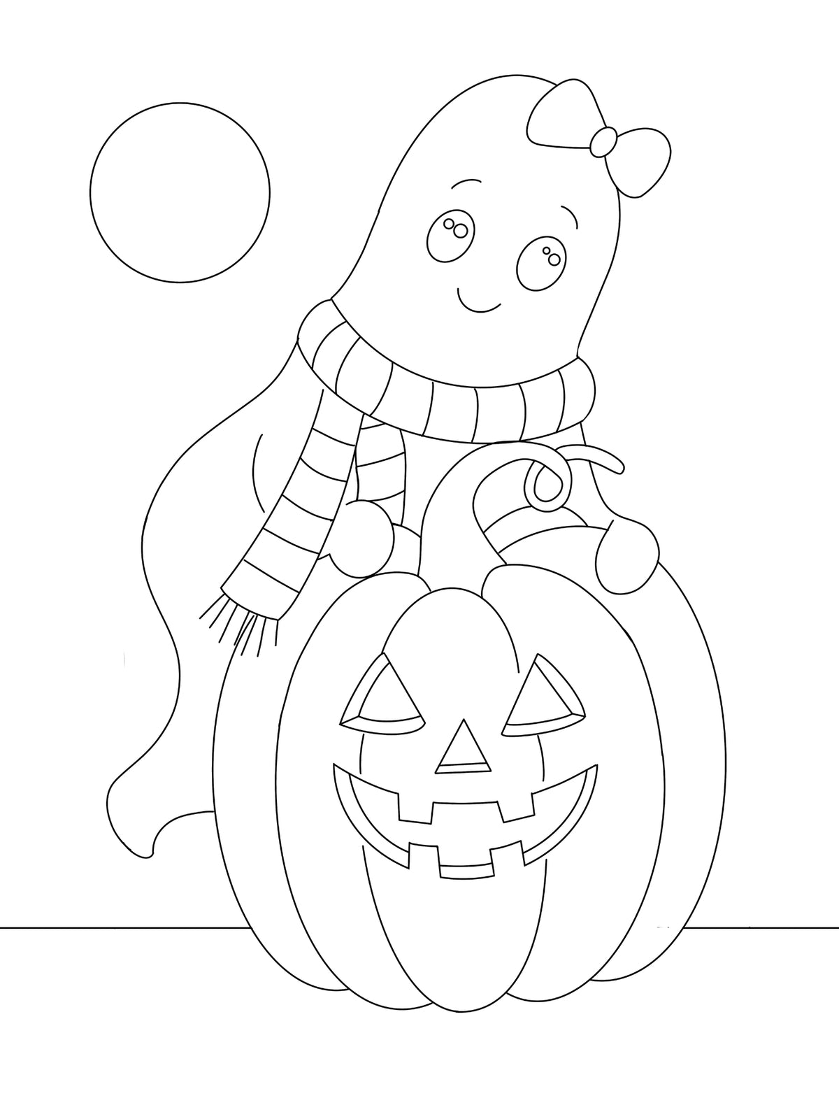 Halloween Ghost DIY paint kit tracer, pre-sketched canvas of Darla Boo ghost girl on a jack-o-lantern under a full moon
