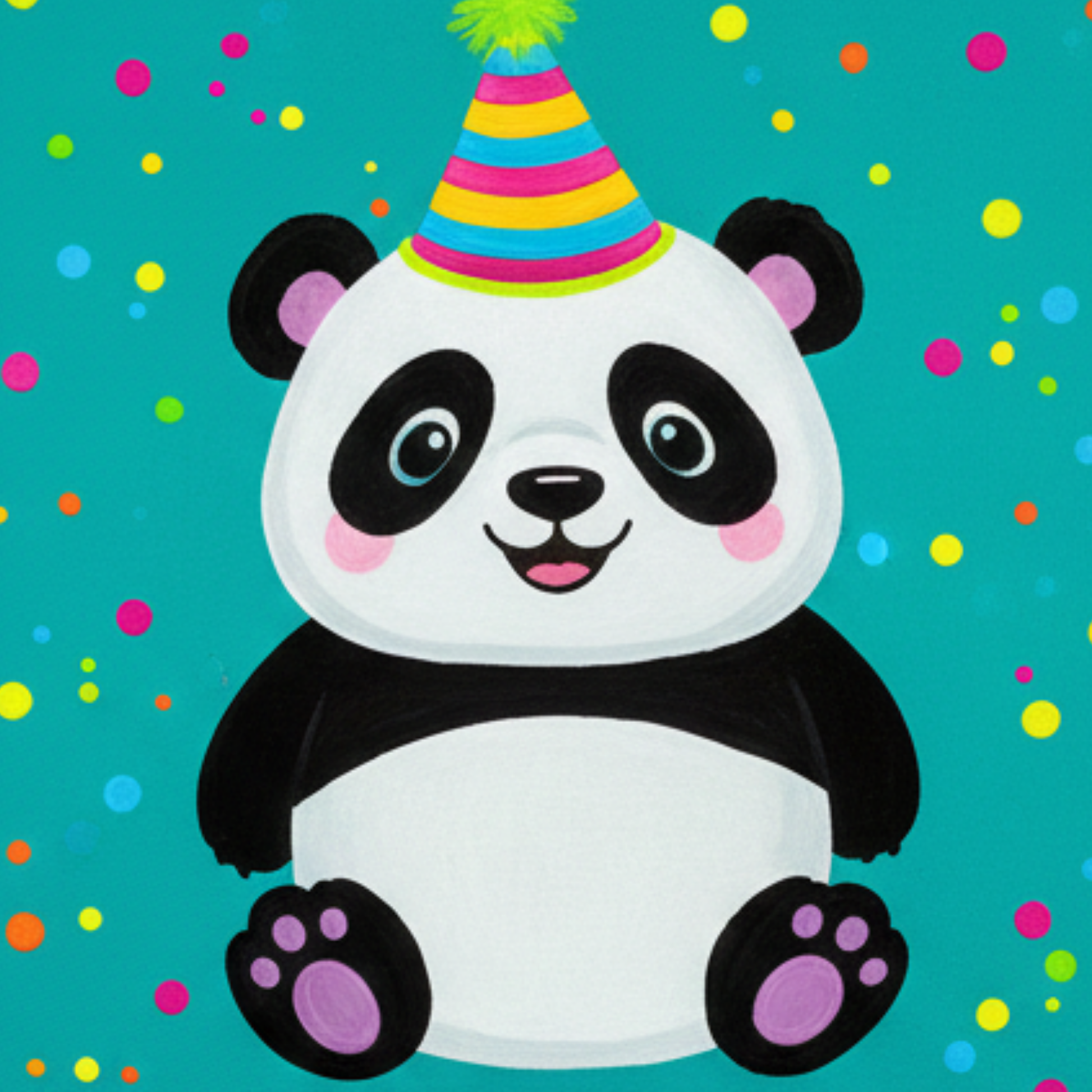 A black and white panda wearing a bright neon party hat, hand-painted on a teal background.