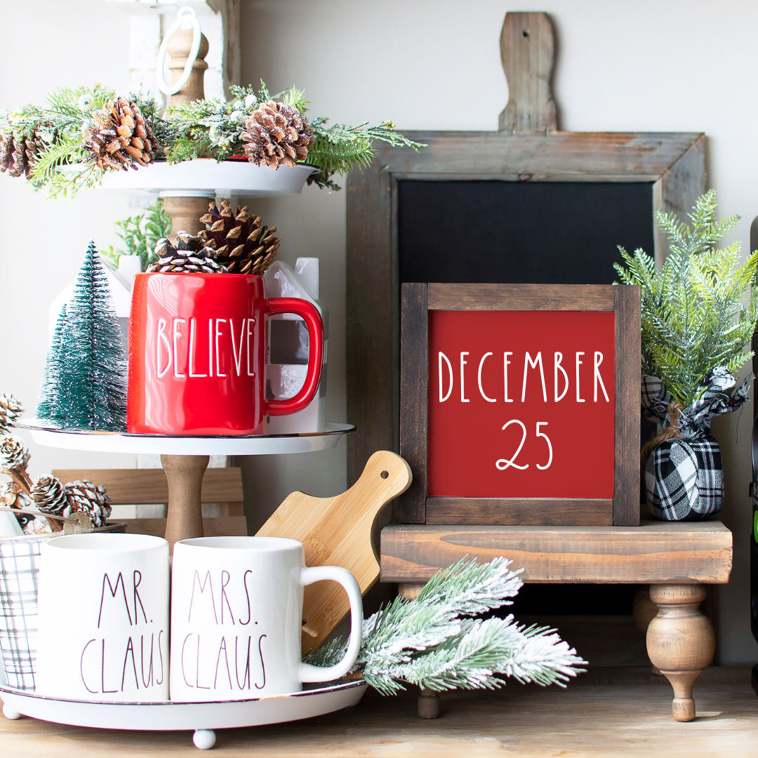 8x8 December 25 Christmas tiered tray sign with red background styled on farmhouse tiered tray with holiday decor — Simply Aloha On The Go