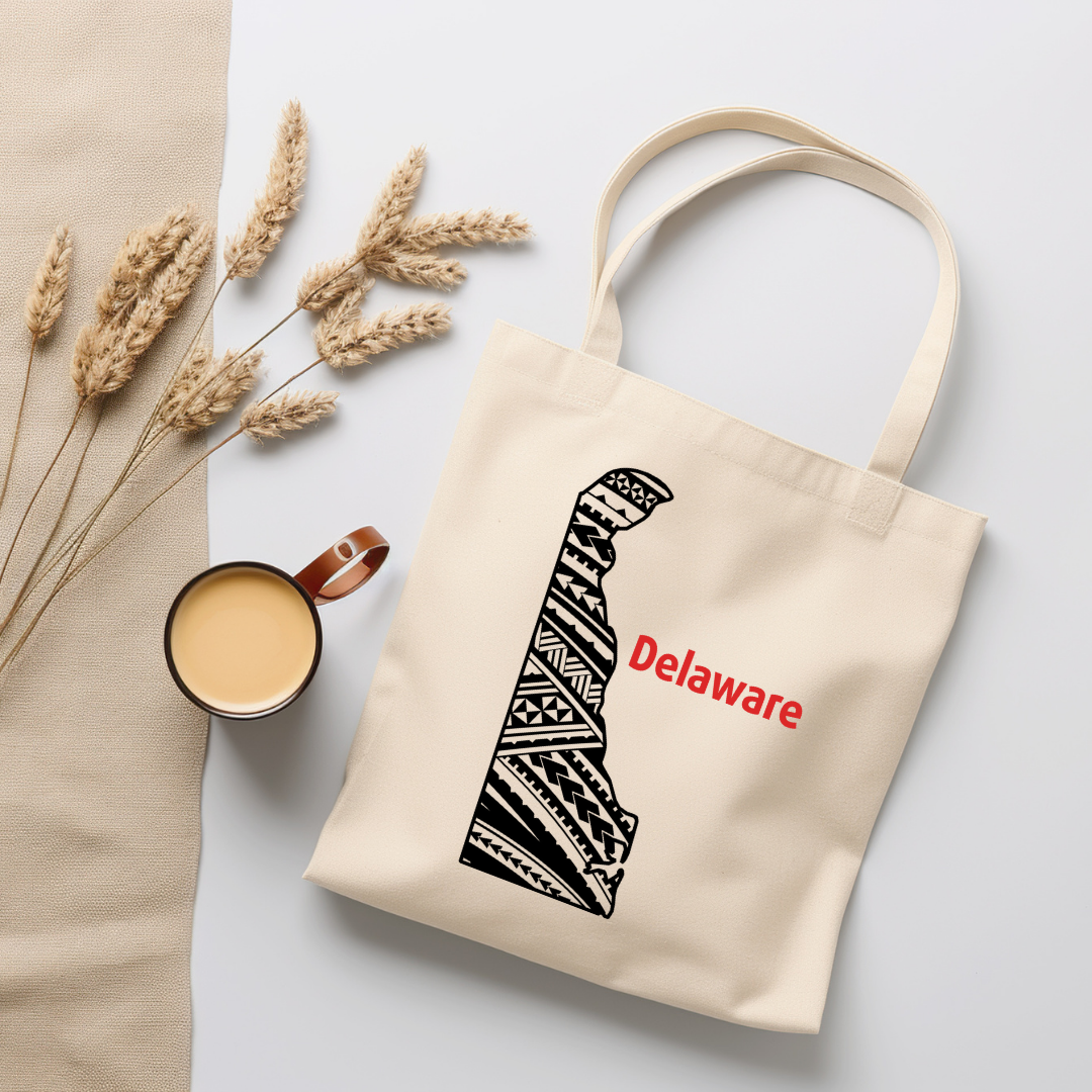 Organic canvas tote bag featuring Alabama state with Polynesian tribal design