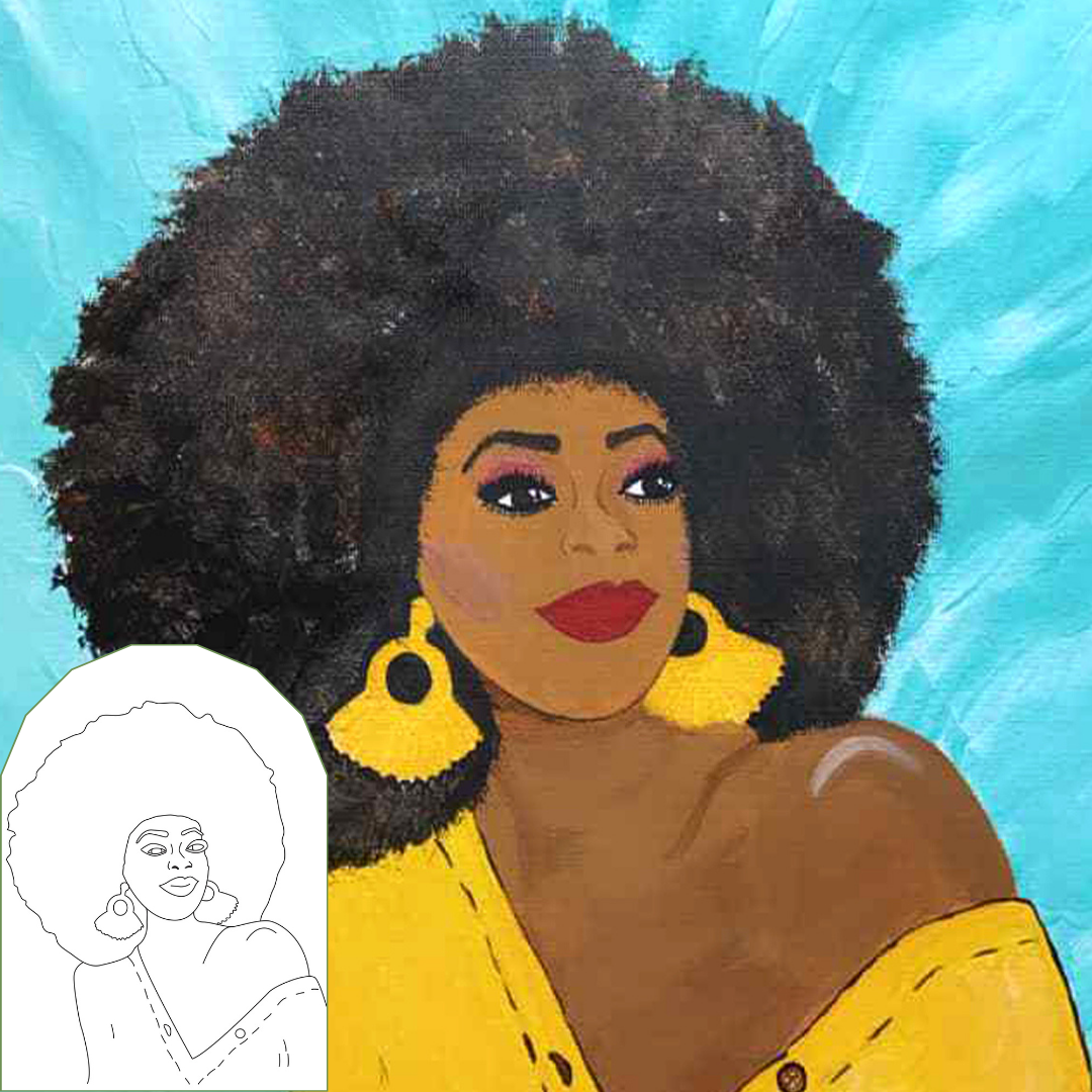 Artistic portrait of a woman with a yellow top and large earrings for adult DIY painting.