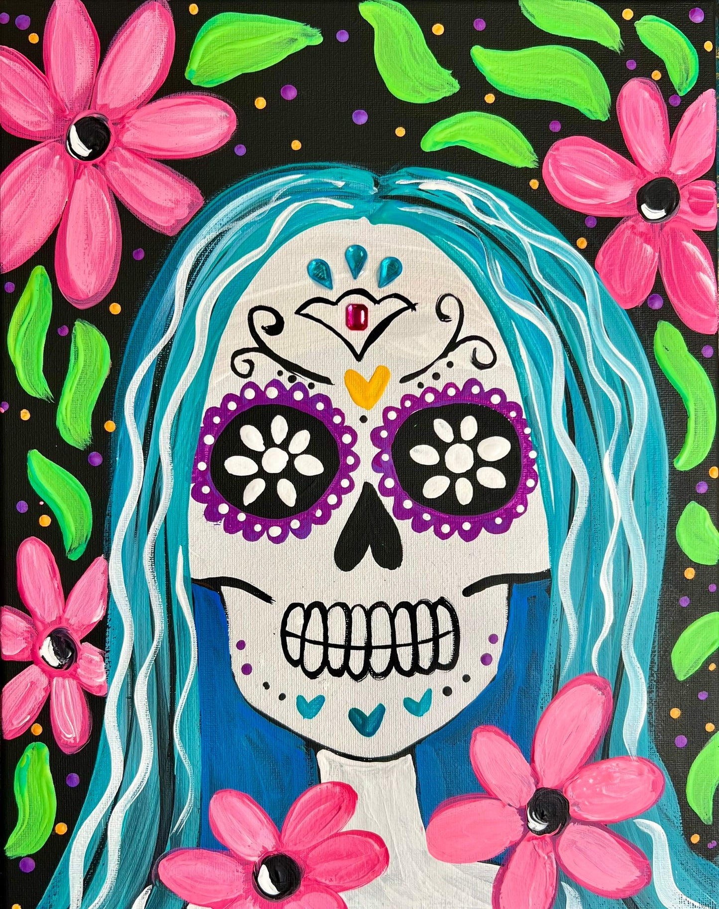 Halloween Skeleton Lady paint party kit with colorful Day of the Dead–inspired design bright paints, and brushes.