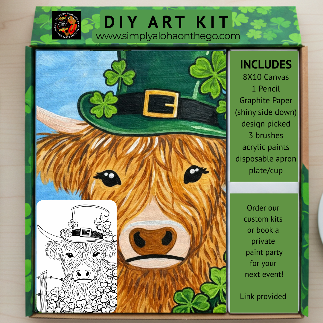 DIY art kit packaging with a highland cow design and product details.