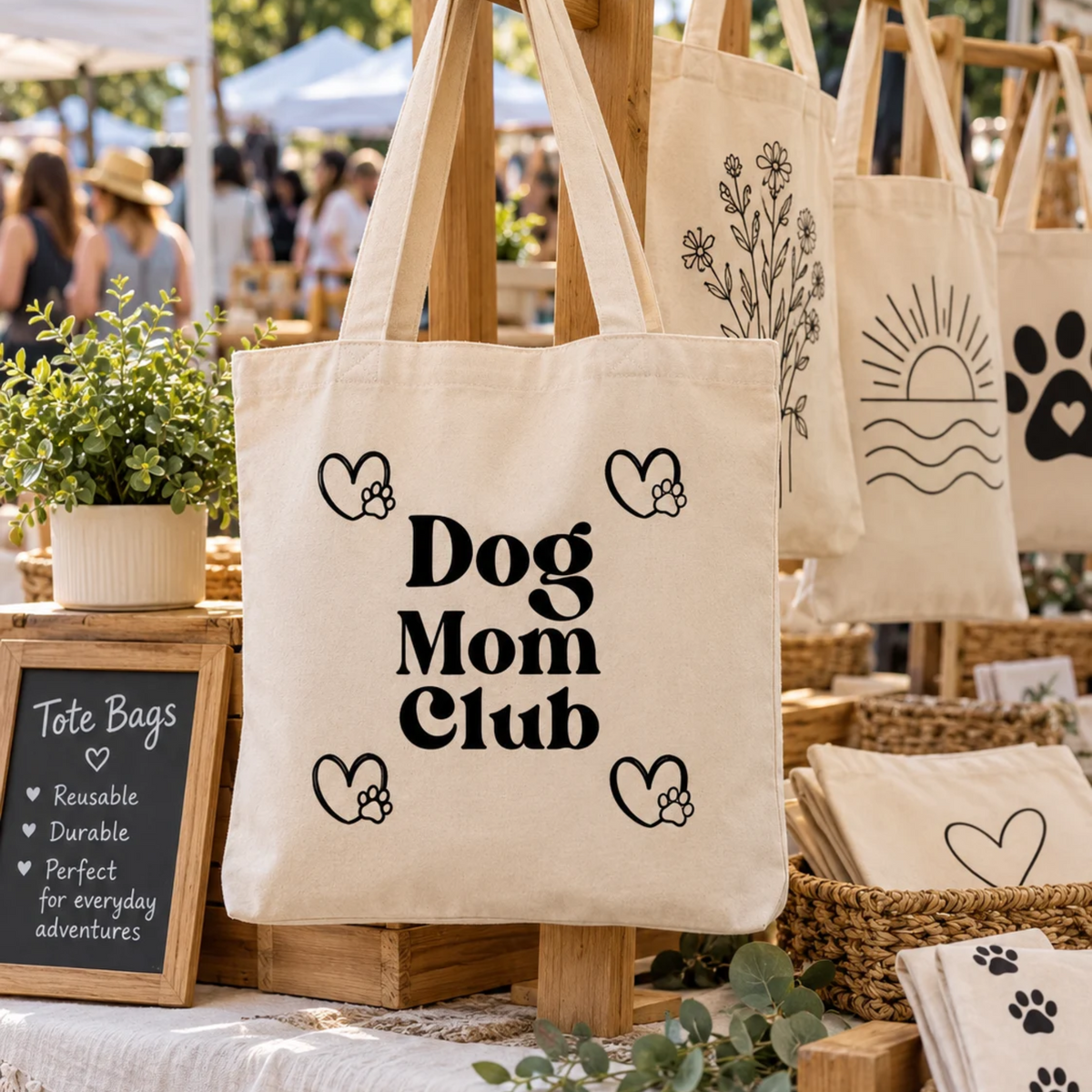 Dog mom club tote bag displayed at a vendor craft fair booth with other reusable canvas totes in a natural lifestyle setting.