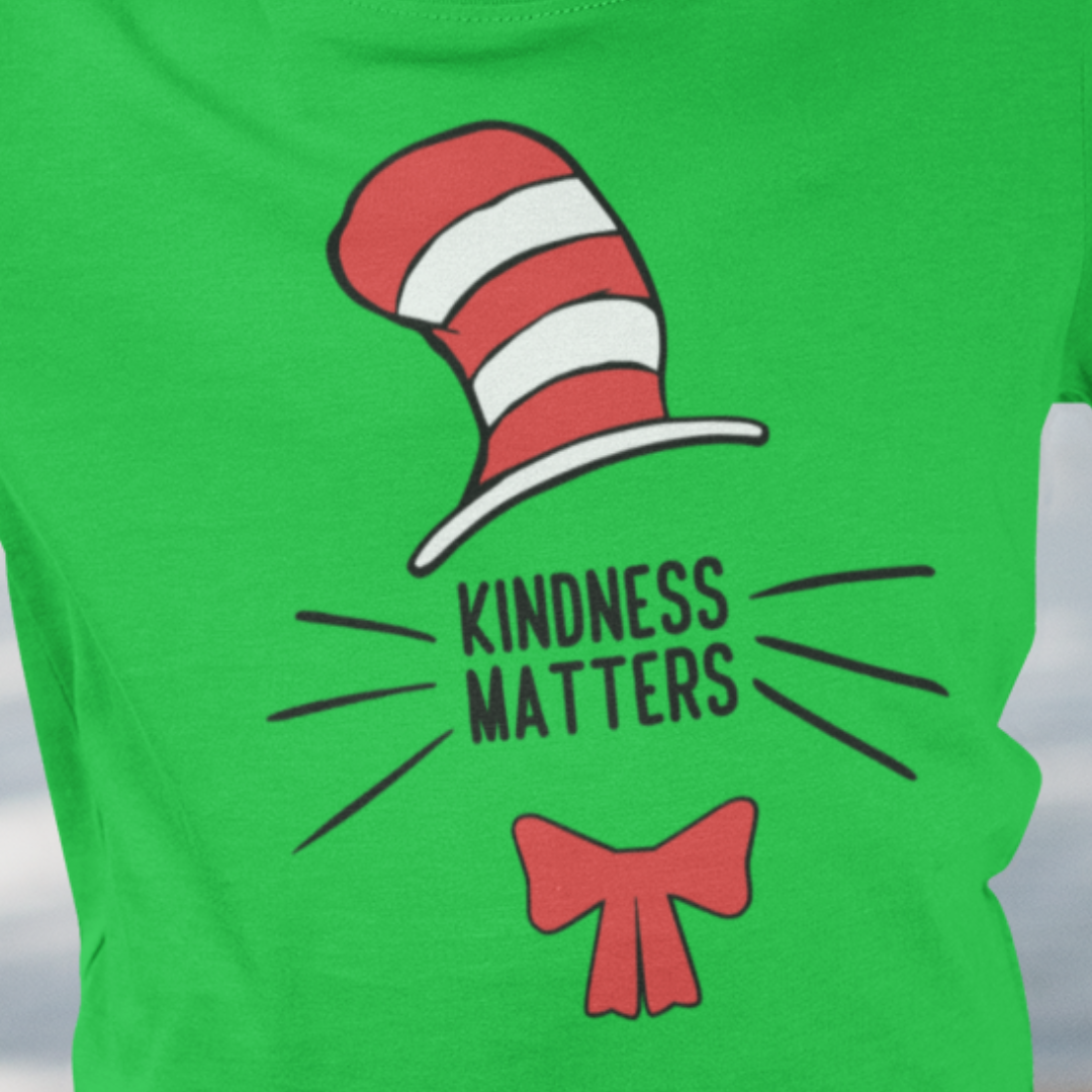 Dr. Seuss-inspired kindness T-shirt for kids featuring vibrant colors and whimsical. 