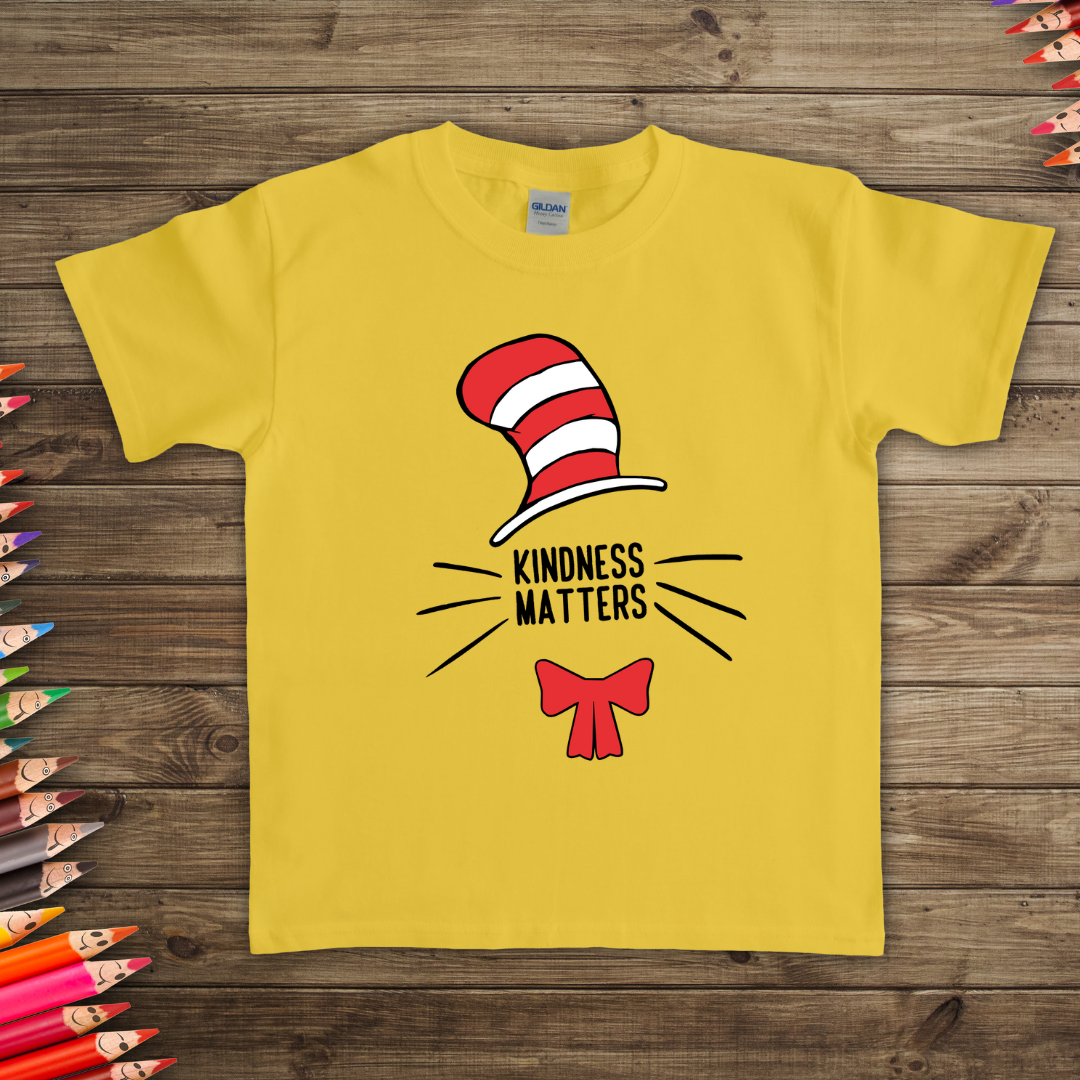 Dr. Seuss-inspired kindness T-shirt for kids featuring vibrant colors and whimsical. 