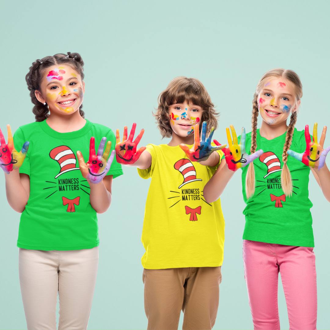 Dr. Seuss-inspired kindness T-shirt for kids featuring vibrant colors and whimsical. 