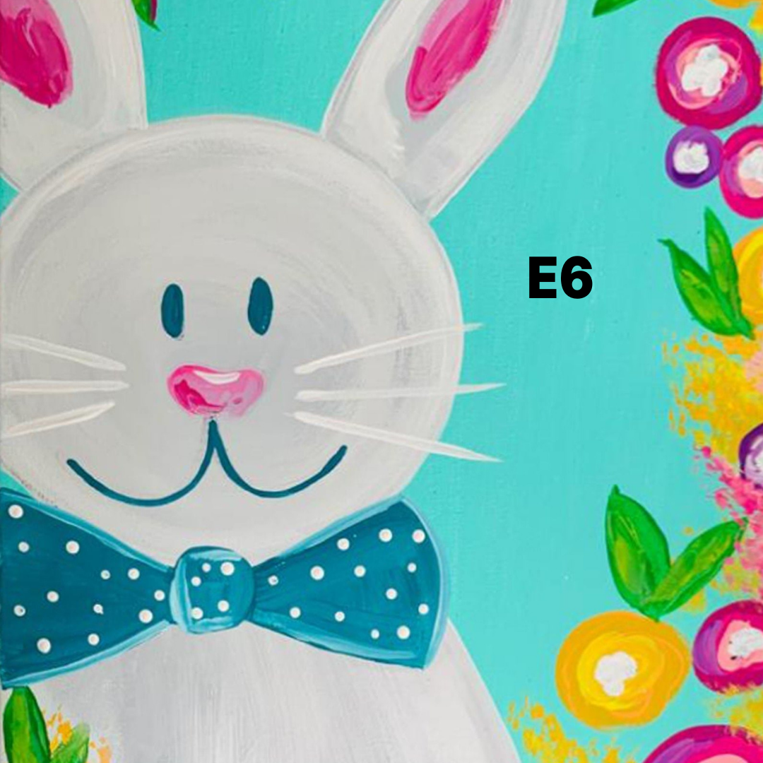 Painting of a white bunny with a blue bow tie on a teal background with floral elements. Painting supplies included