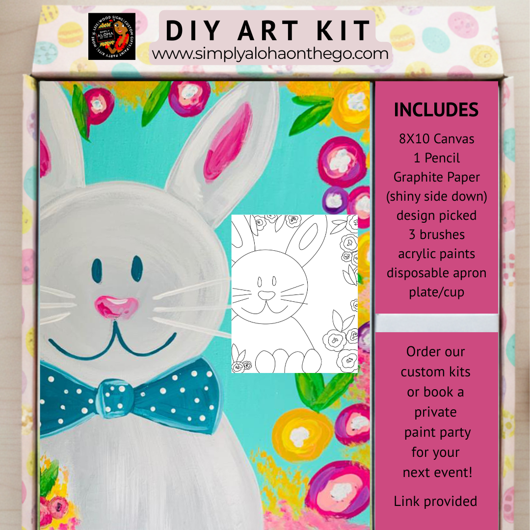 DIY art paint kit packaging with an Easter bunny design with colorful floral and product details.