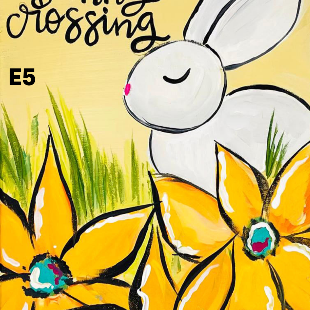 Easter bunny with flowers and Easter Crossing text on a yellow background, includes painting supplies