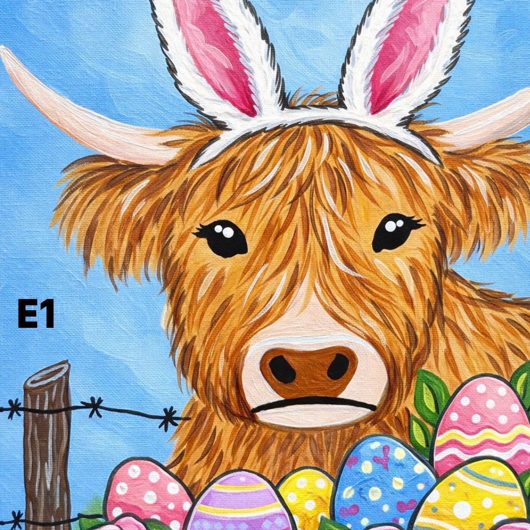 Painting of a highland cow with Easter bunny ears and eggs on a blue background