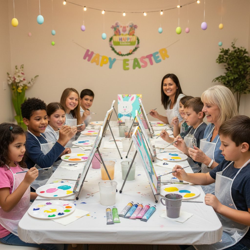 Children and adults participating in an Easter art activity paint party with Happy Easter decorations and painting supplies.