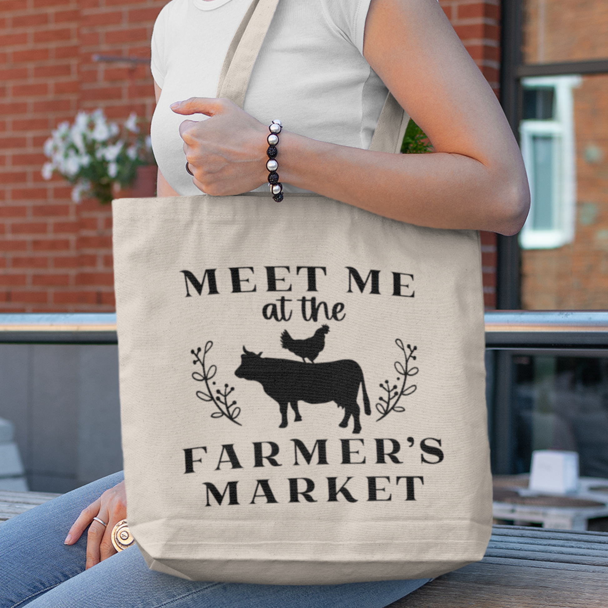 Reusable eco-friendly farmers market tote bag with a spacious design, perfect for shopping fresh produce and supporting sustainable living Great gift idea for college students, moms, local farmer's market shopper, environmentally conscious shopper, and health and wellness shopper!