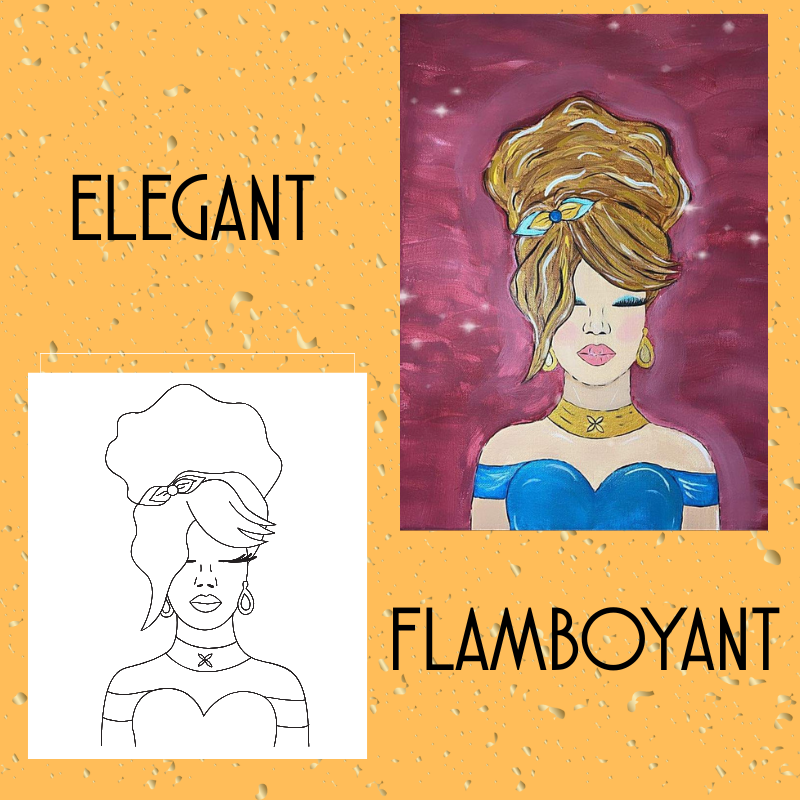 An elegant flamboyant woman pre-drawn canvas and finished painting sample for prom, evening event, girl's night out date night paint parties.