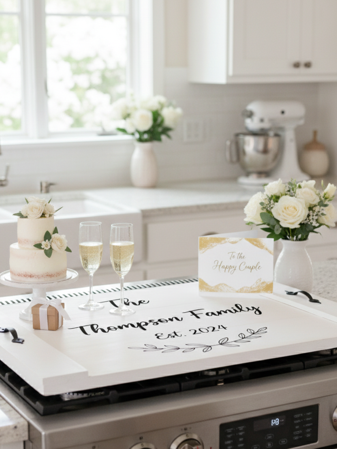 Personalized Established Name Noodle Board Stove Top Cover styled in a bright kitchen – Perfect Wedding or Housewarming Gift 