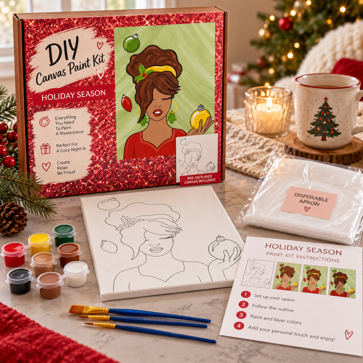 Christmas Holiday DIY canvas paint kit featuring a pre-outlined woman holding a Christmas ornament, acrylic paints, brushes, disposable apron and painting instructions.