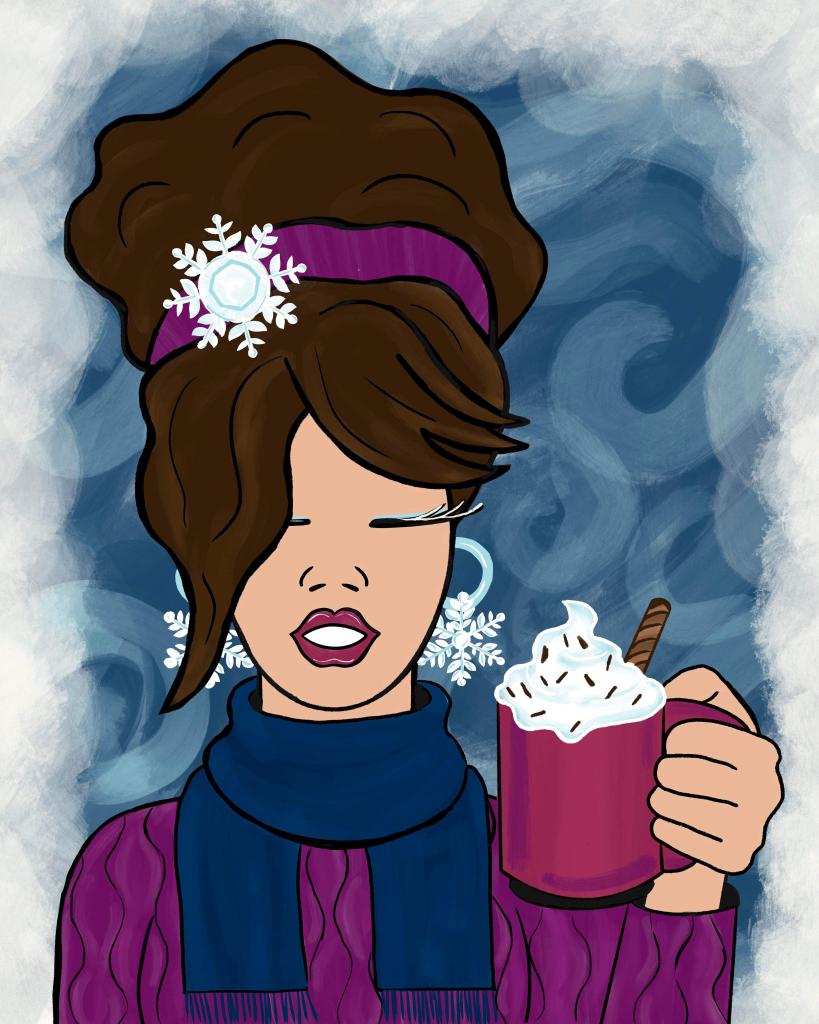 Every Woman winter paint party kit featuring woman holding hot cocoa with whipped cream