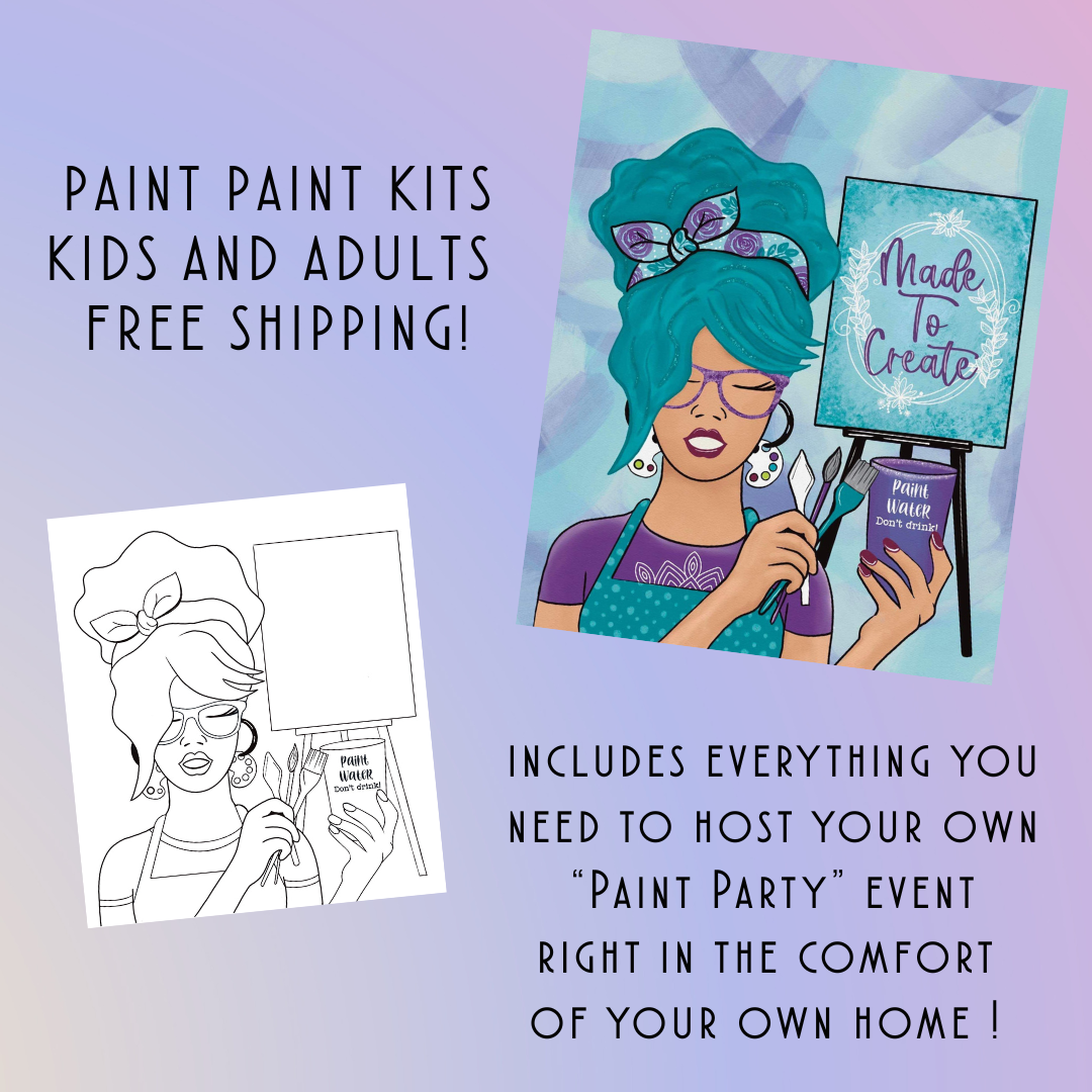 DIY canvas paint kit featuring a woman with neon green hair and cat ears, pre-outlined canvas, acrylic paints, brushes and disposable apron.