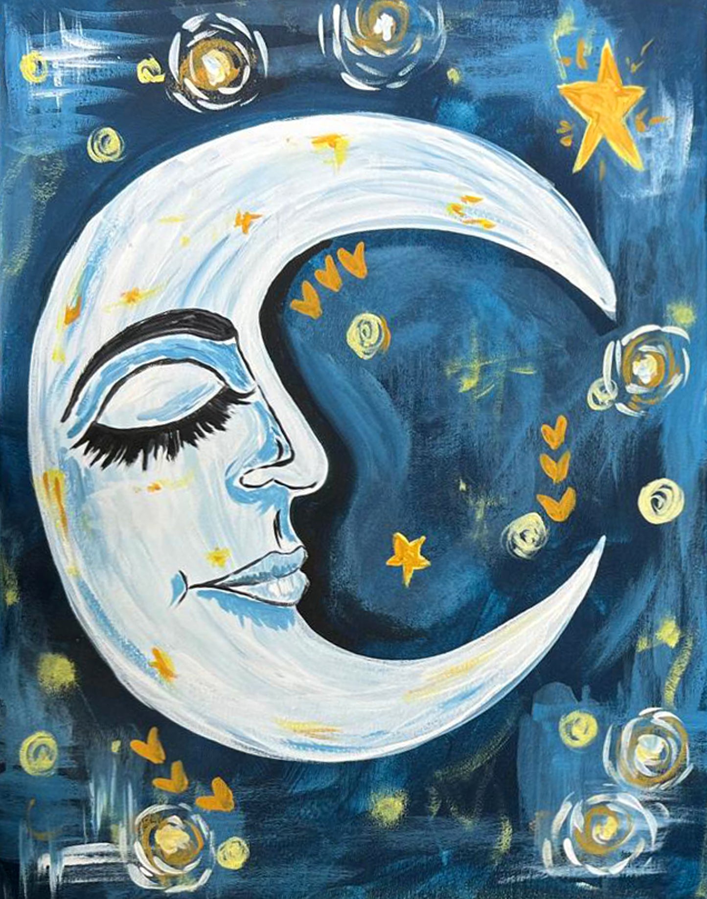 Bohemian Moon DIY Paint Kit design with florals and stars. Perfect for boho fall decor and self-care activity.