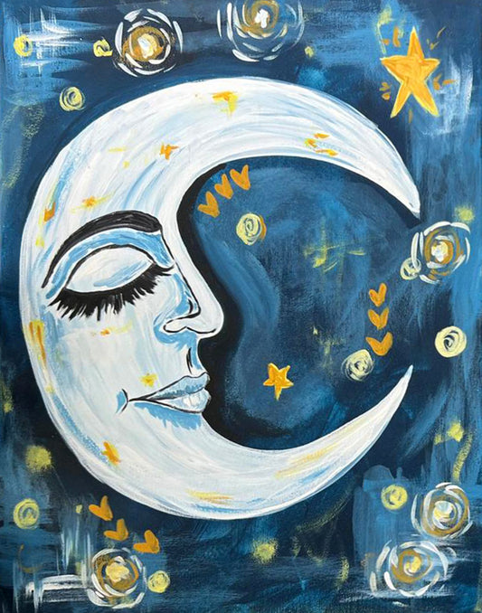 Bohemian Moon DIY Paint Kit design with florals and stars. Perfect for boho fall decor and self-care activity.