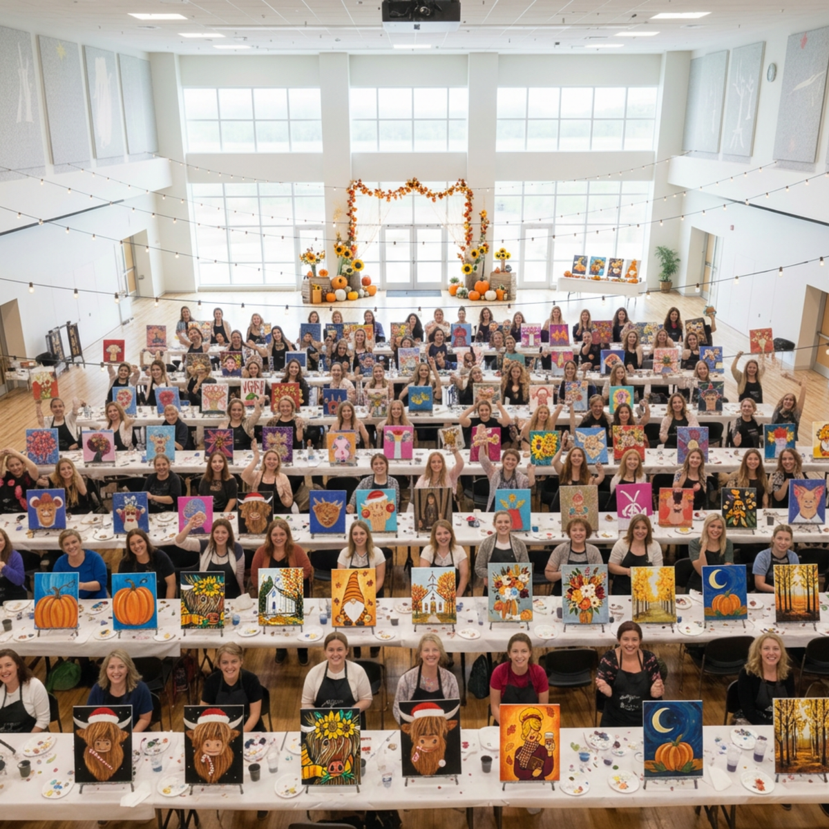 Women showing their Fall Floral Pumpkin DIY Paint Kit finished at a paint party live.