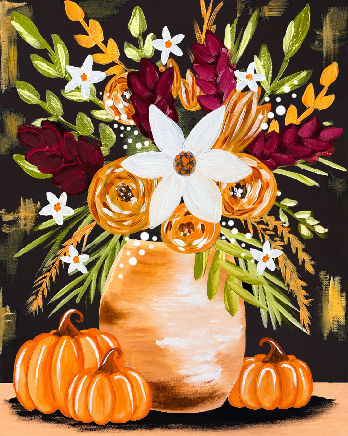 Colorful fall floral pumpkin artwork with orange pumpkins, flowers, and leafy stems