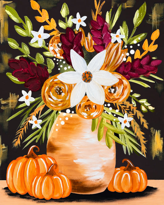Colorful fall floral pumpkin artwork with orange pumpkins, flowers, and leafy stems