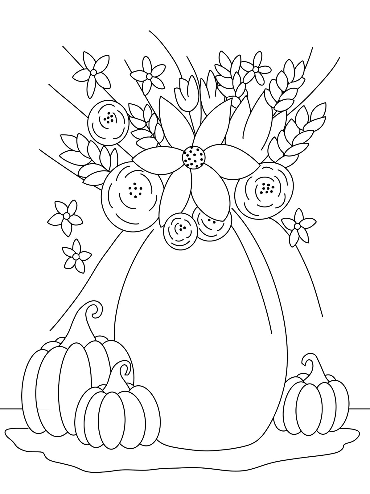 Black-and-white fall floral pumpkin coloring page with flowers, leaves, and pumpkins