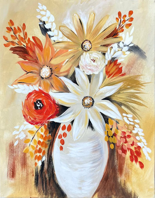 Fall floral bouquet DIY paint kit - golden sunflowers, white daisies and burnt orange blooms in white vase canvas art by Simply Aloha On The Go