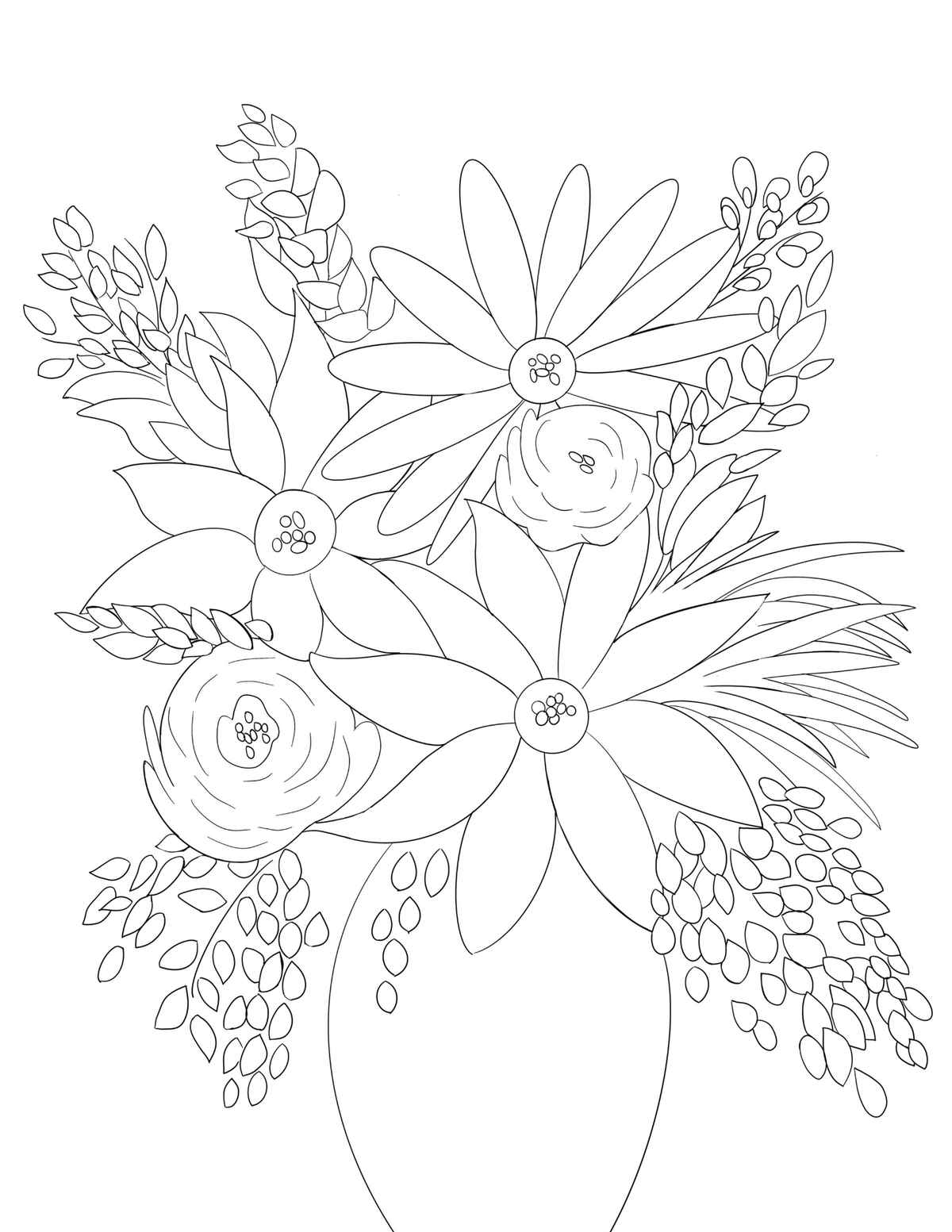 Black and white line art illustration of a floral in a vase, featuring daisies, roses, and leafy stems on a plain white background.