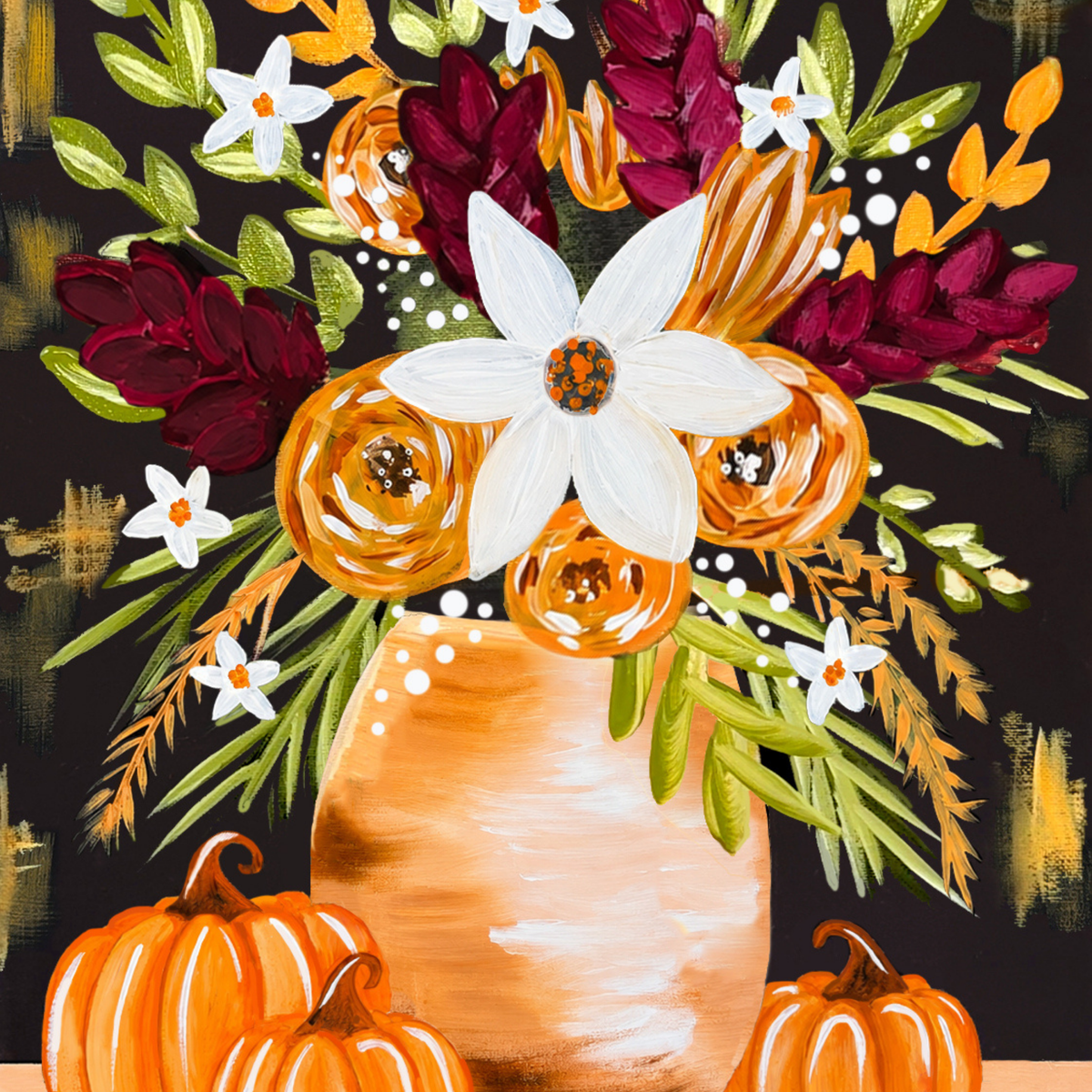 Fall Florals DIY Paint Kit, sunflowers, white daisies and burnt orange blooms in a white vase on 11x14 canvas.