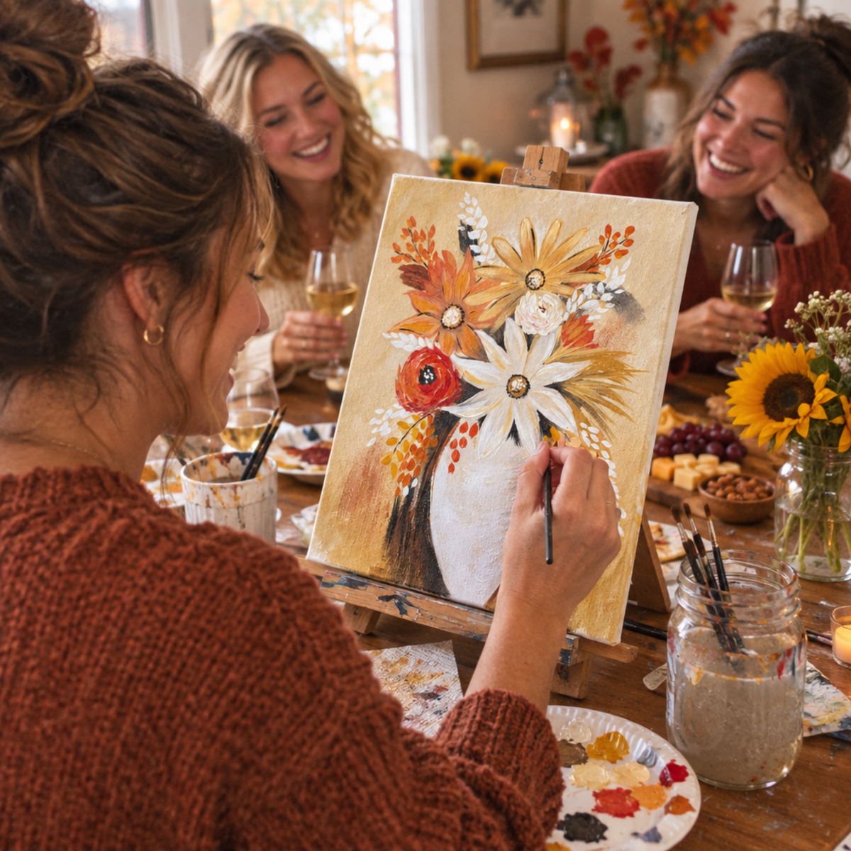 Fall Florals DIY Paint Kit painted at a cozy girls night paint party with friends.
