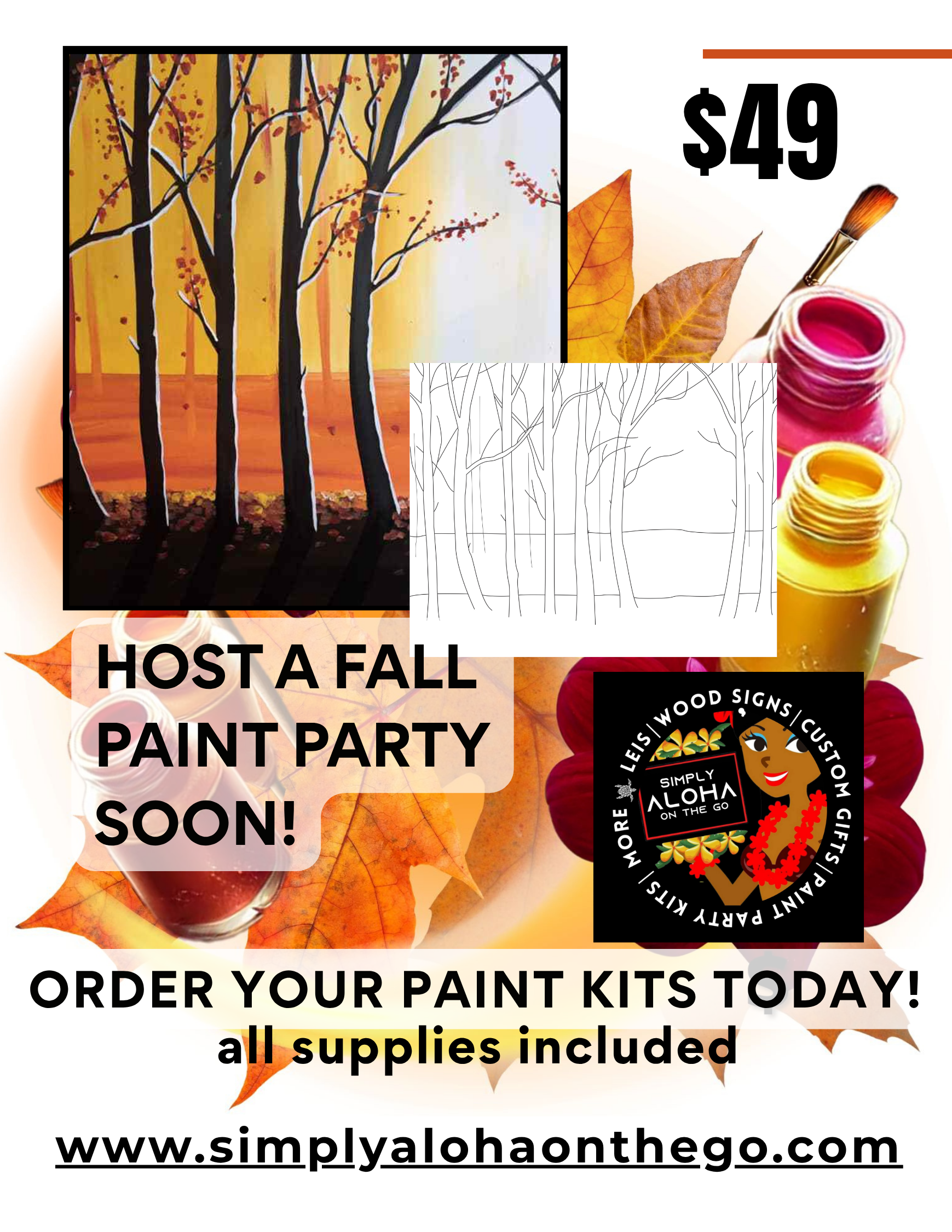 Fall Forest DIY Paint Kit – black tree silhouettes against a warm golden orange autumn sky canvas painting by Simply Aloha On The Go
