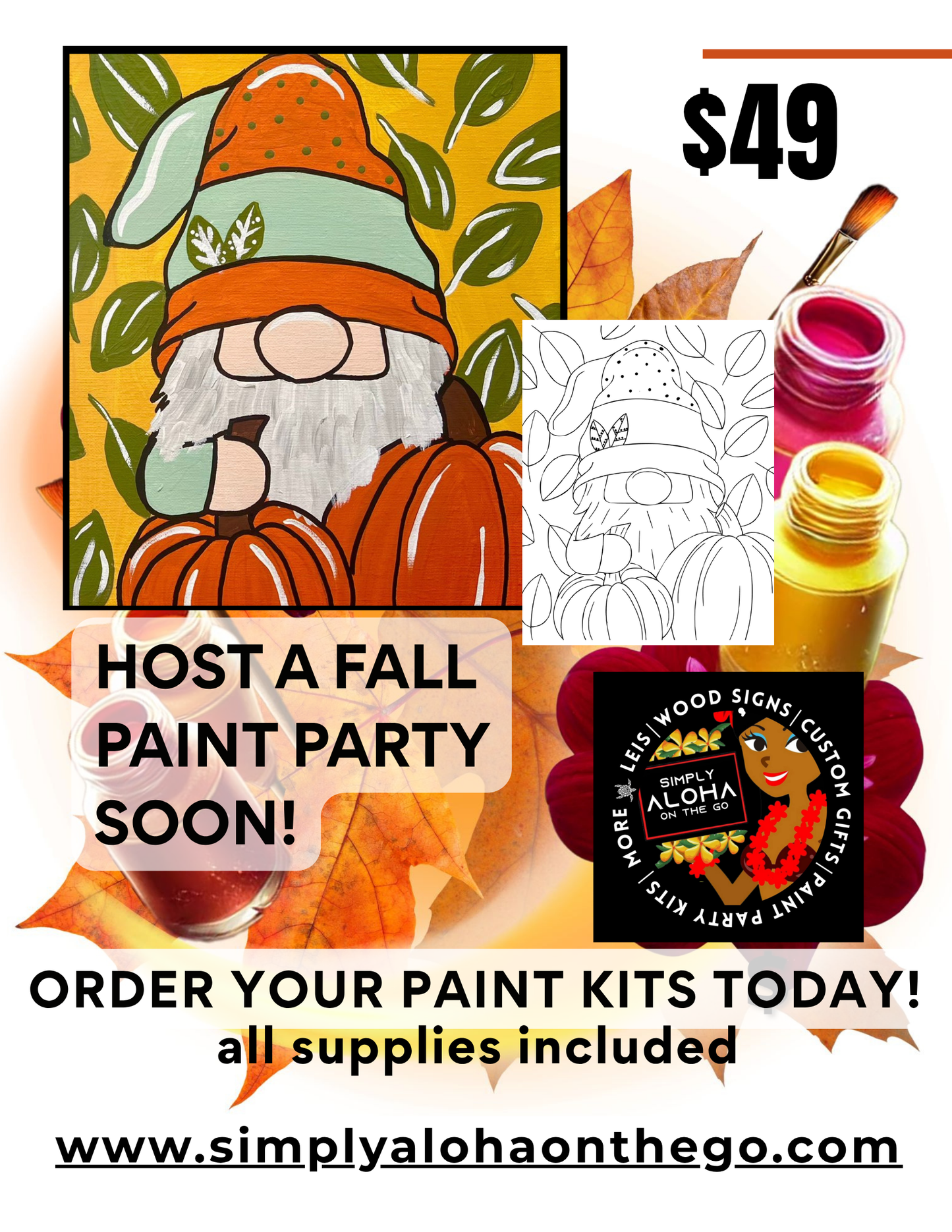 Promotional graphic for a fall paint party kit, showing sample a gnome with pumpkins and text advertising $49 and order paint kits today.