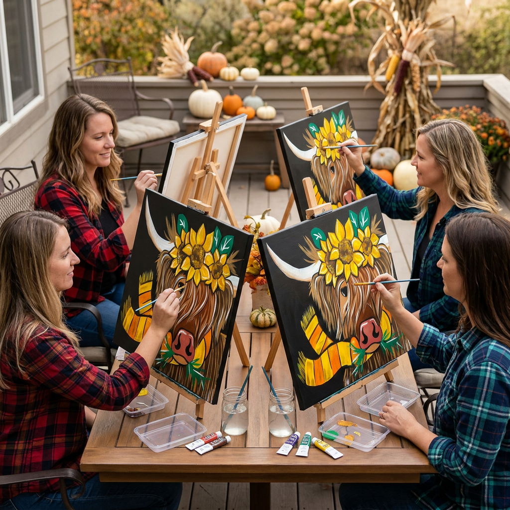 Four women painting sunflower-crowned Highlander cows on canvases at an outdoor fall paint party with pumpkins and autumn decor.