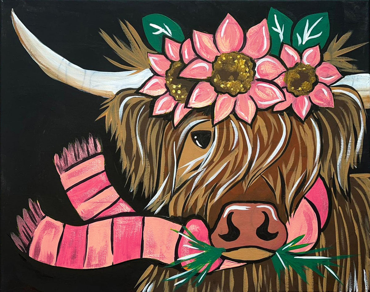 Fall Highlander Cow DIY paint kit pink version, fluffy highland cow with pink flower crown and pink striped scarf on black canvas
