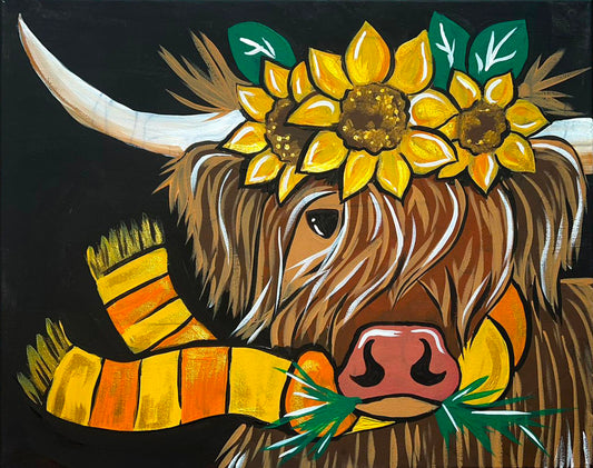Fall Highlander Cow DIY paint kit, fluffy highland cow with sunflower crown and yellow striped scarf on black canvas