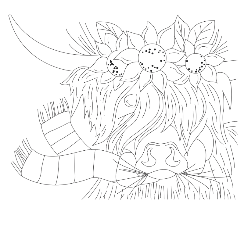Black and white line drawing of a cow with decorative flowers on its head