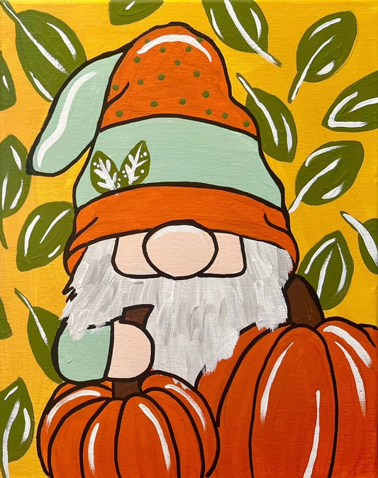Pumpkin Gnome DIY Paint Kit - adorable gnome with orange pumpkins and fall leaves on golden background by Simply Aloha On The Go