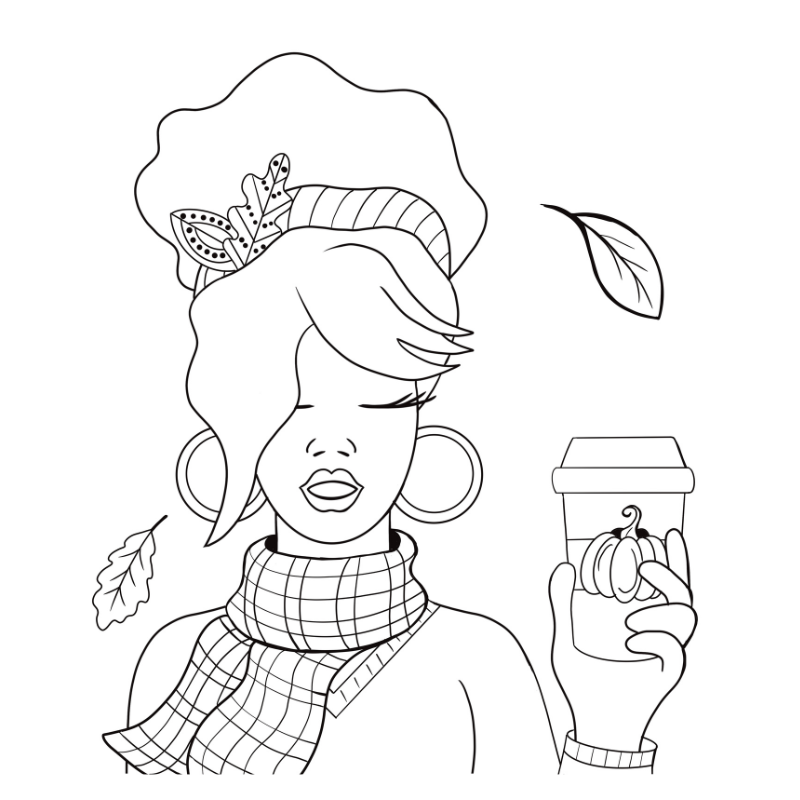 Black and white line drawing of a person holding a coffee cup with autumn leaves.