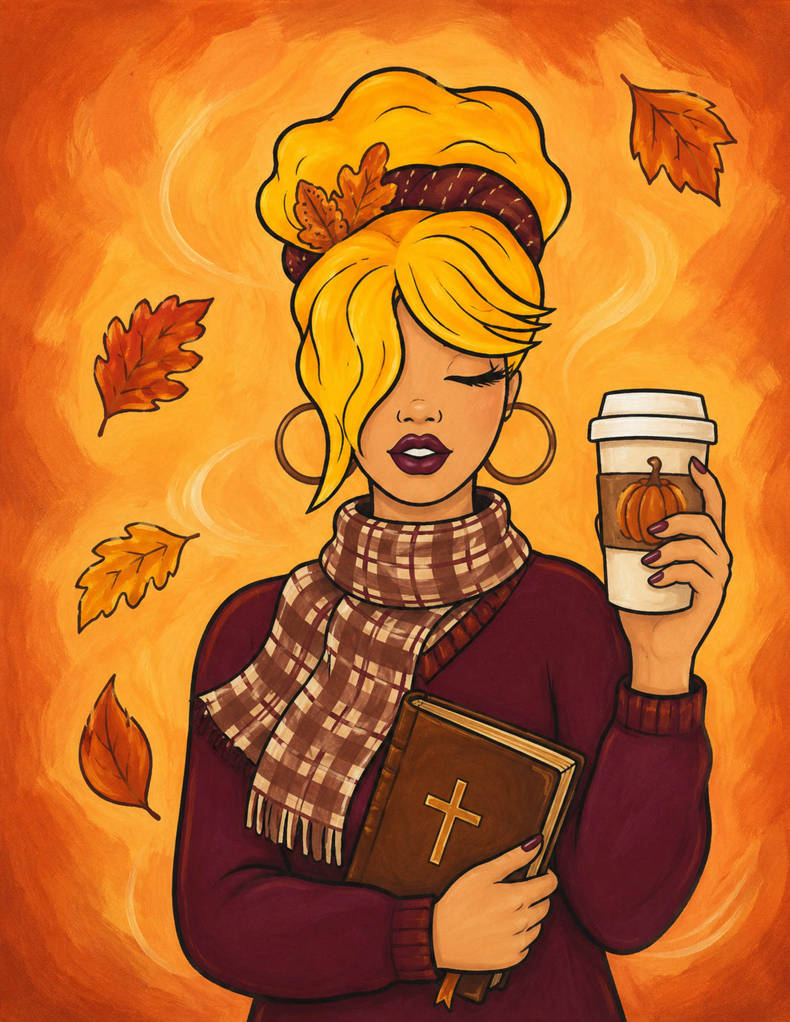 Colorful fall woman holding a pumpkin coffee and Bible with autumn leaves, painted reference artwork