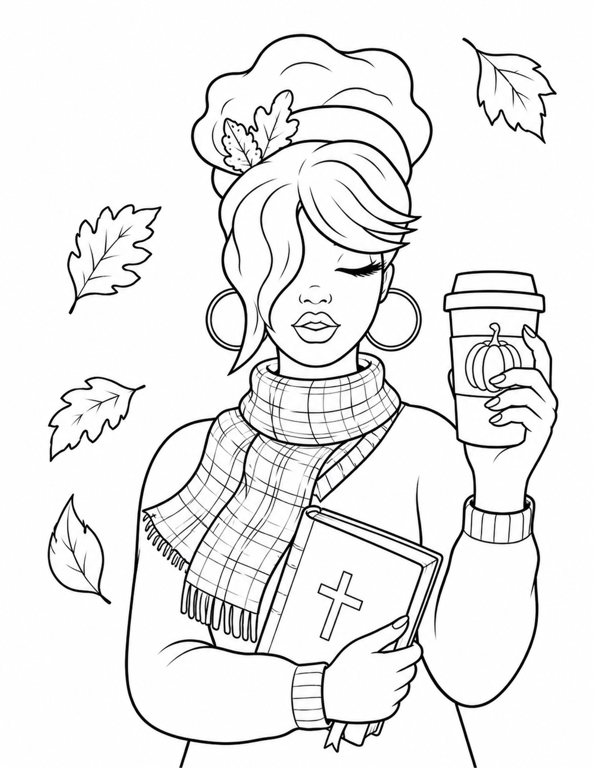 Black-and-white fall woman holding a pumpkin coffee and Bible with autumn leaves, paint party tracer