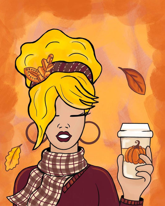 blonde woman in a plaid scarf holding a pumpkin spice latte against an orange autumn background.