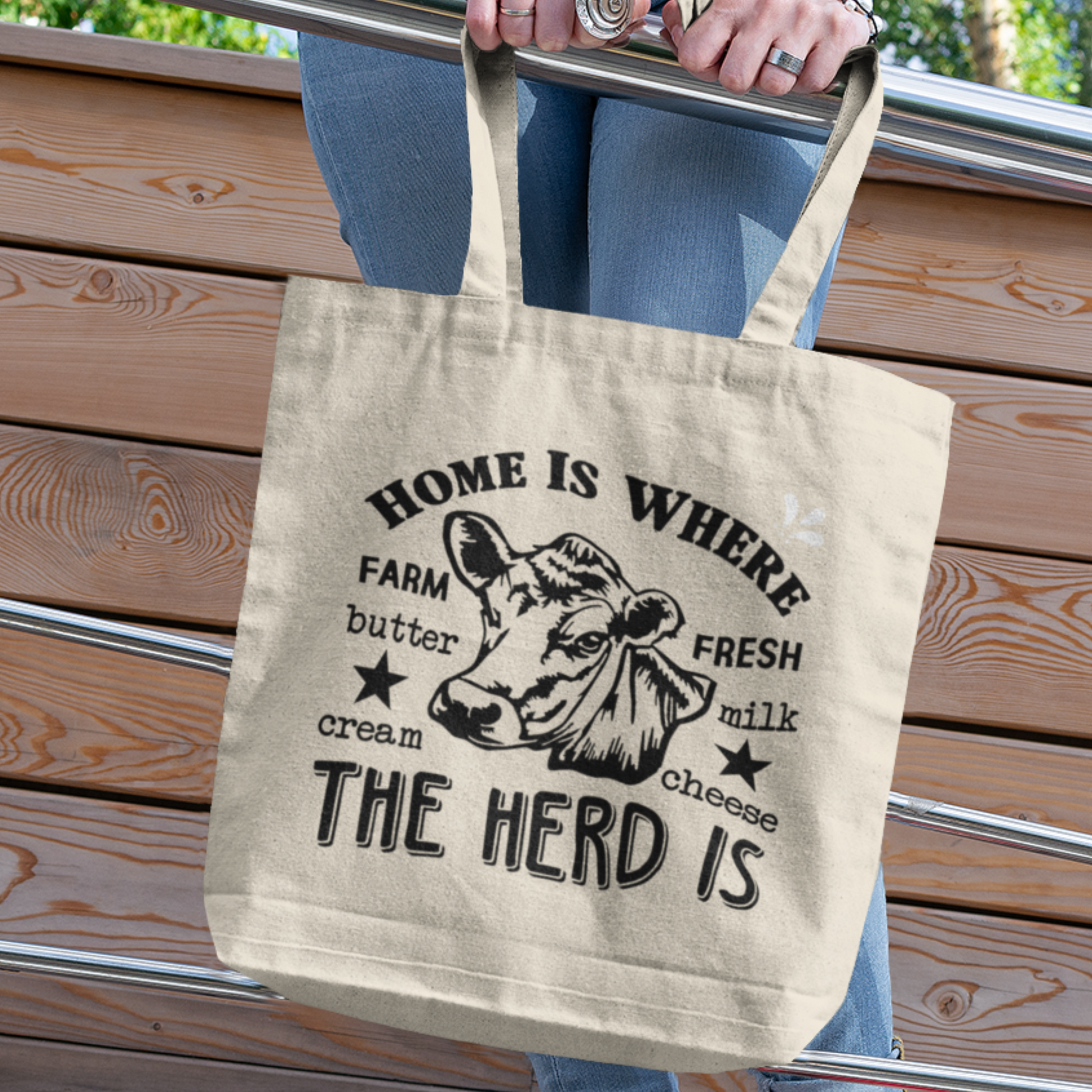 Reusable eco-friendly Home Is Where The Herd Is farmers market tote bag with a spacious design, perfect for shopping fresh produce and supporting sustainable living. Great gift for college students, moms, local farmer's market shopper, and environmentally conscious shopper!