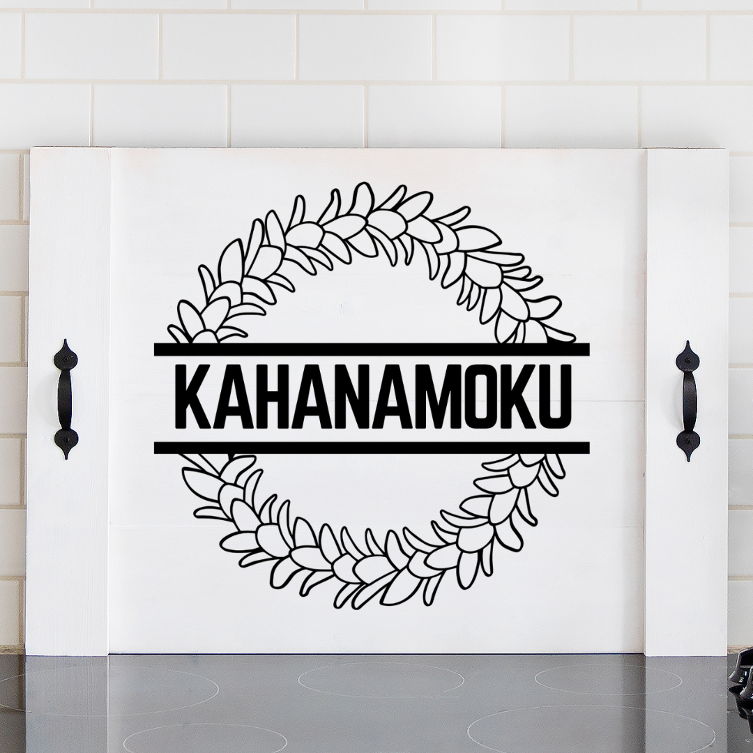 A rustic farmhouse noodle board in white background and black design color-with a beautiful plumeria flower design and a personalized family name, made and designed by Simply Aloha On The Go