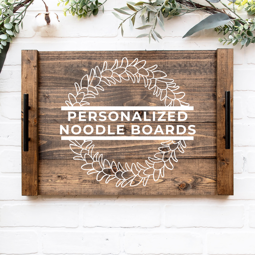 A rustic farmhouse noodle board in stained background, white design color with a beautiful plumeria flower design and a personalized family name, made and designed by Simply Aloha On The Go