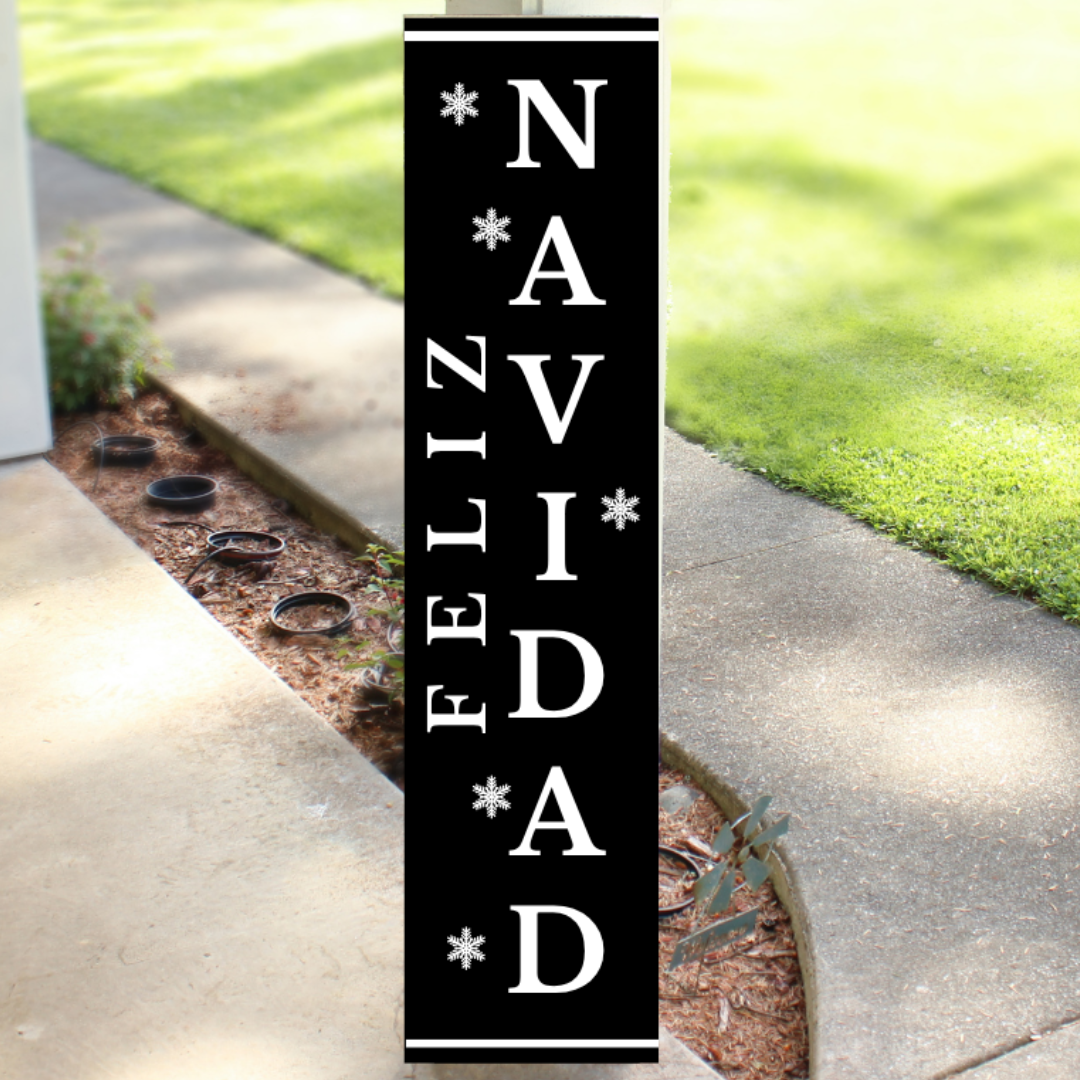 Vertical black wood Christmas porch sign reading Feliz Navidad with white lettering and snowflake accents, handcrafted by Simply Aloha On The Go